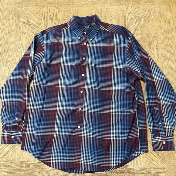 Roundtree & Yorke Easy Care Men’s Large Red Blue‎ Plaid Button Front Shirt - Picture 1 of 6